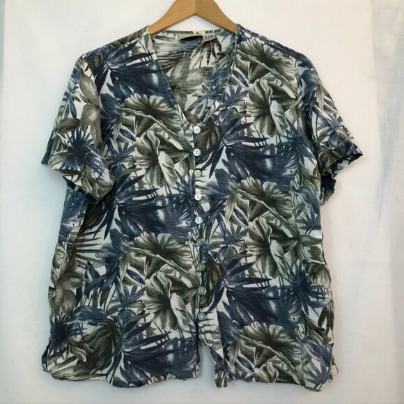FASHION BUG Blue Green White Hawaiian Tropical Floral Short Sleeve Button Down - Picture 2 of 7